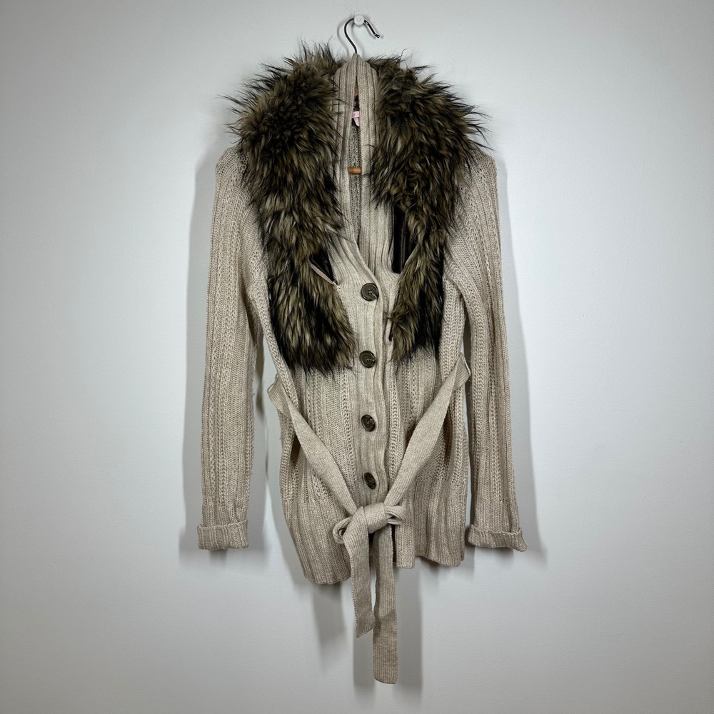 Victoria's Secret Cardigan Women Small Beige Knit Faux Fur Collar Belted Cozy